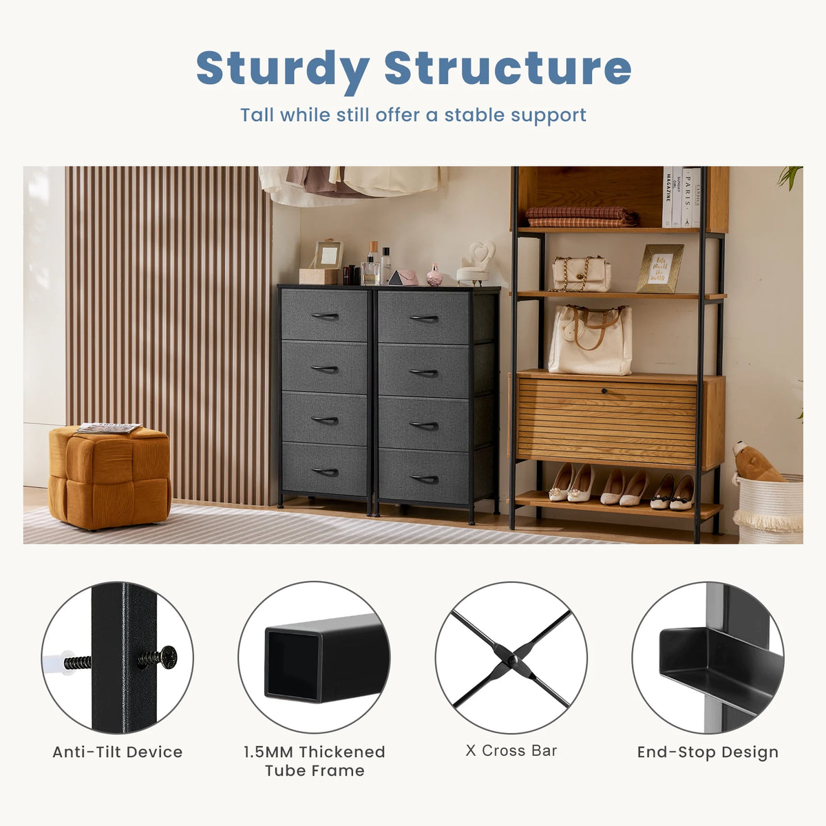 JHK Four Drawer Fabric Dresser Steel Frame Nightstand Storage