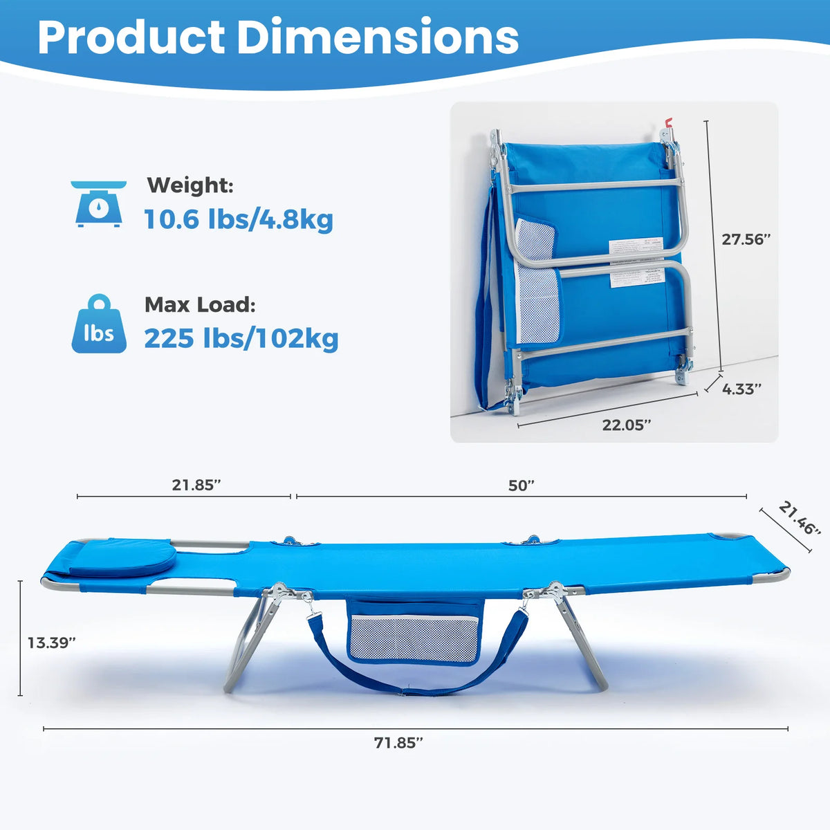 JHK 5-Position Beach Lounger With Face Holes And Handrails