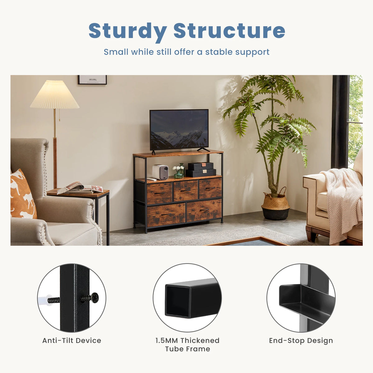 JHK TV Stand Dresser 5 Fabric Drawers Metal Storage Cabinet