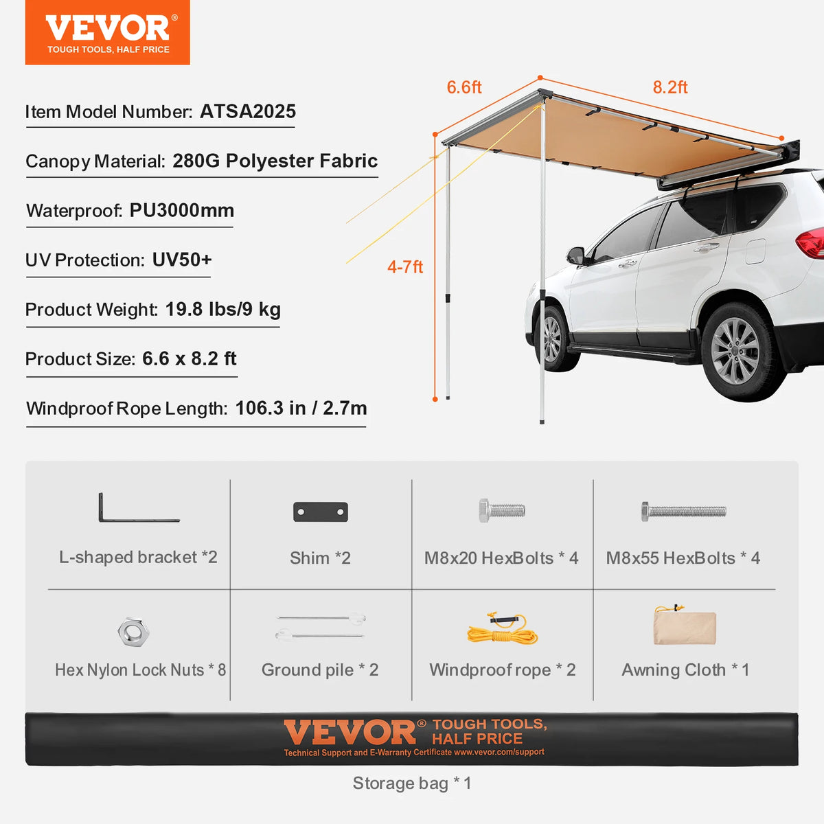 SucceBuy Retractable Vehicle Awning With Waterproof Storage Bag