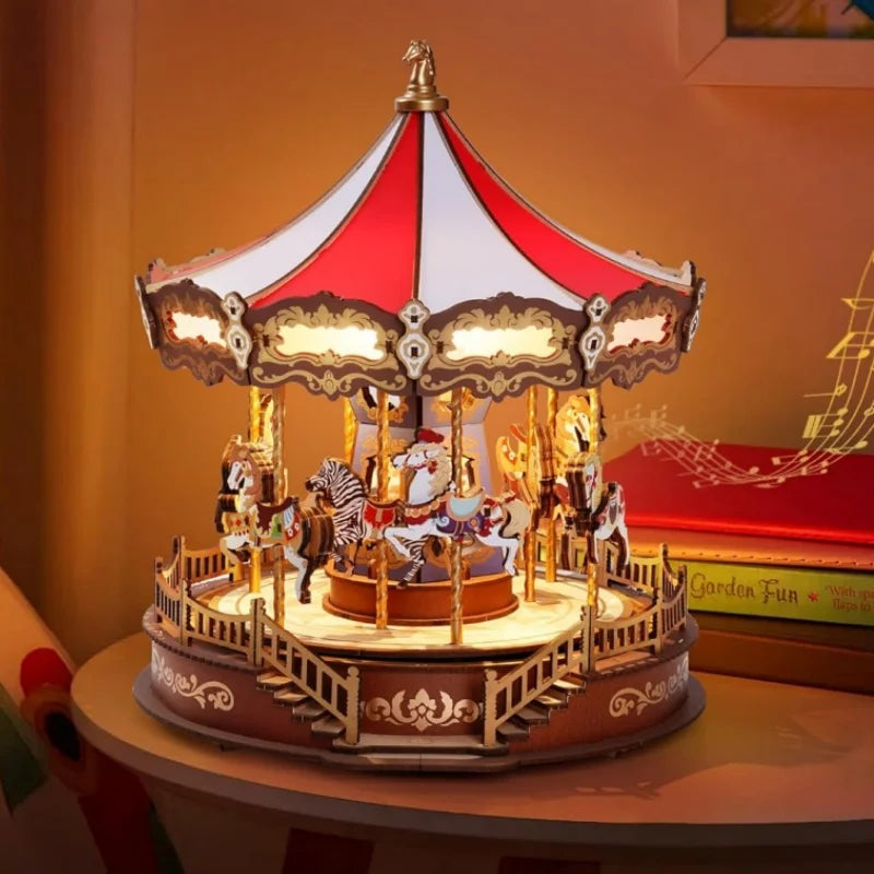 Robotime 3D Wooden Puzzle Carousel Music Box With Led Lights
