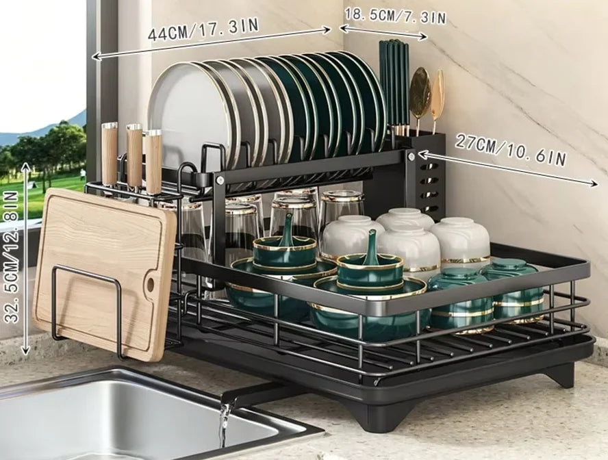 Double Layer Carbon Steel Kitchen Cutlery Rack With Cup Holder