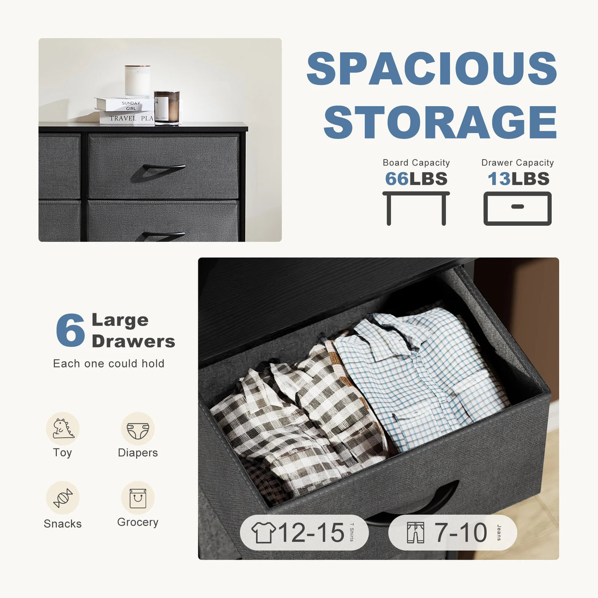 JHK Modern Six Drawer Fabric Nightstand Storage Cabinet