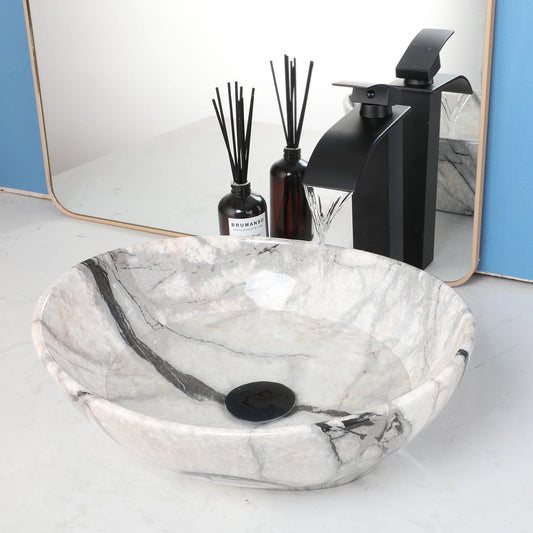 Mekkhalo Oval Vessel Sink With Waterfall Faucet Above Counter Ceramic