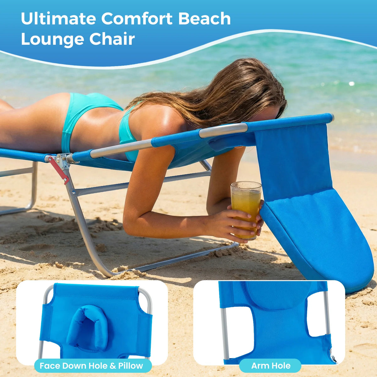 JHK 5-Position Beach Lounger With Face Holes And Handrails