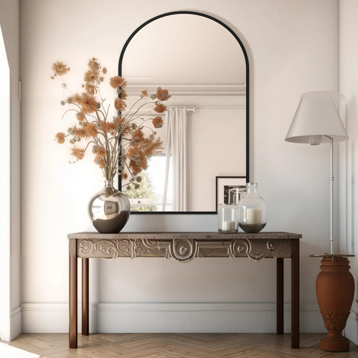 JHK Modern Arched Metal Framed Decorative Wall Mirror