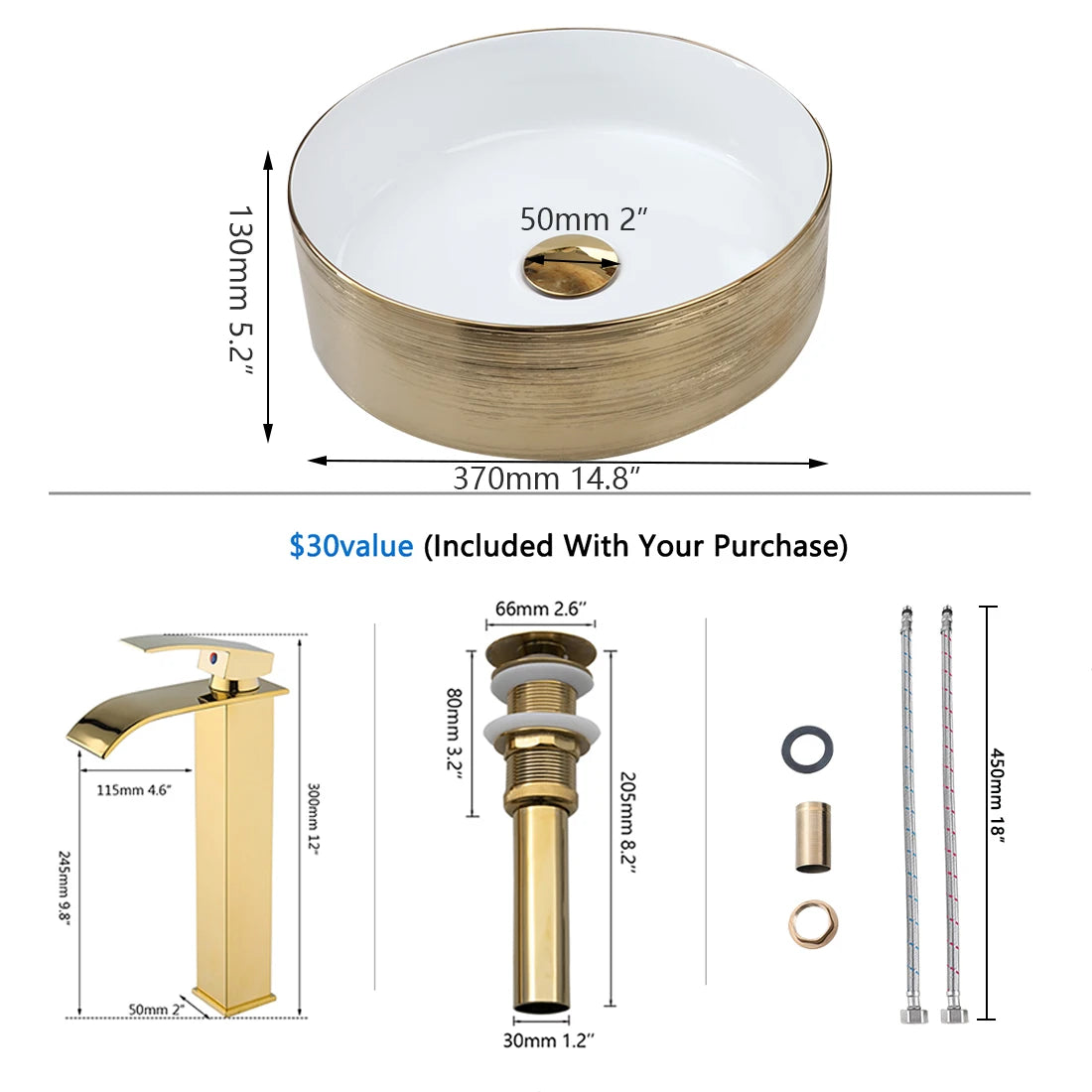 KEMAIDI Ceramic Vessel Sink With Faucet Bathroom Counter Basins