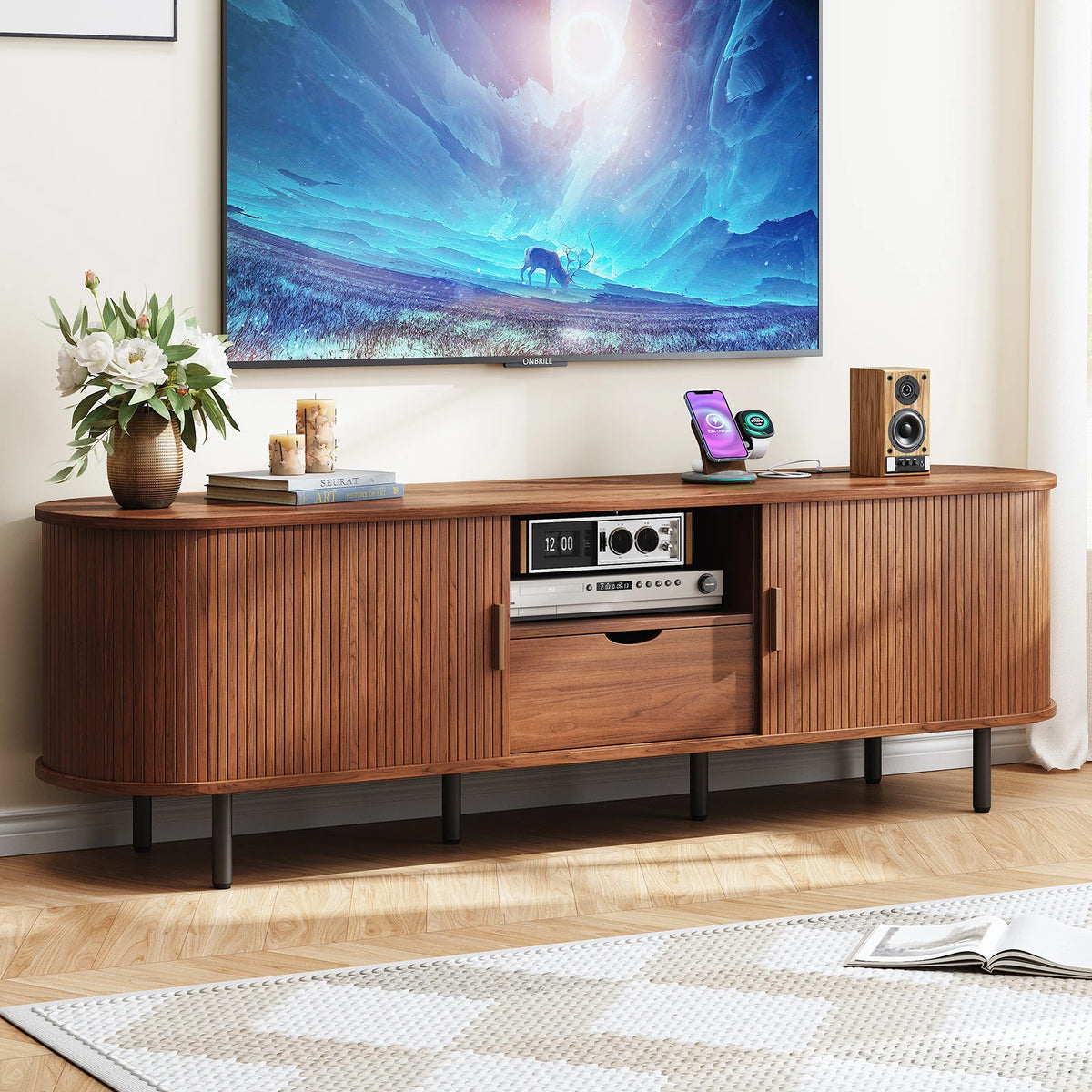 Onbrill TV Stand With Power Outlet And Adjustable Shelf