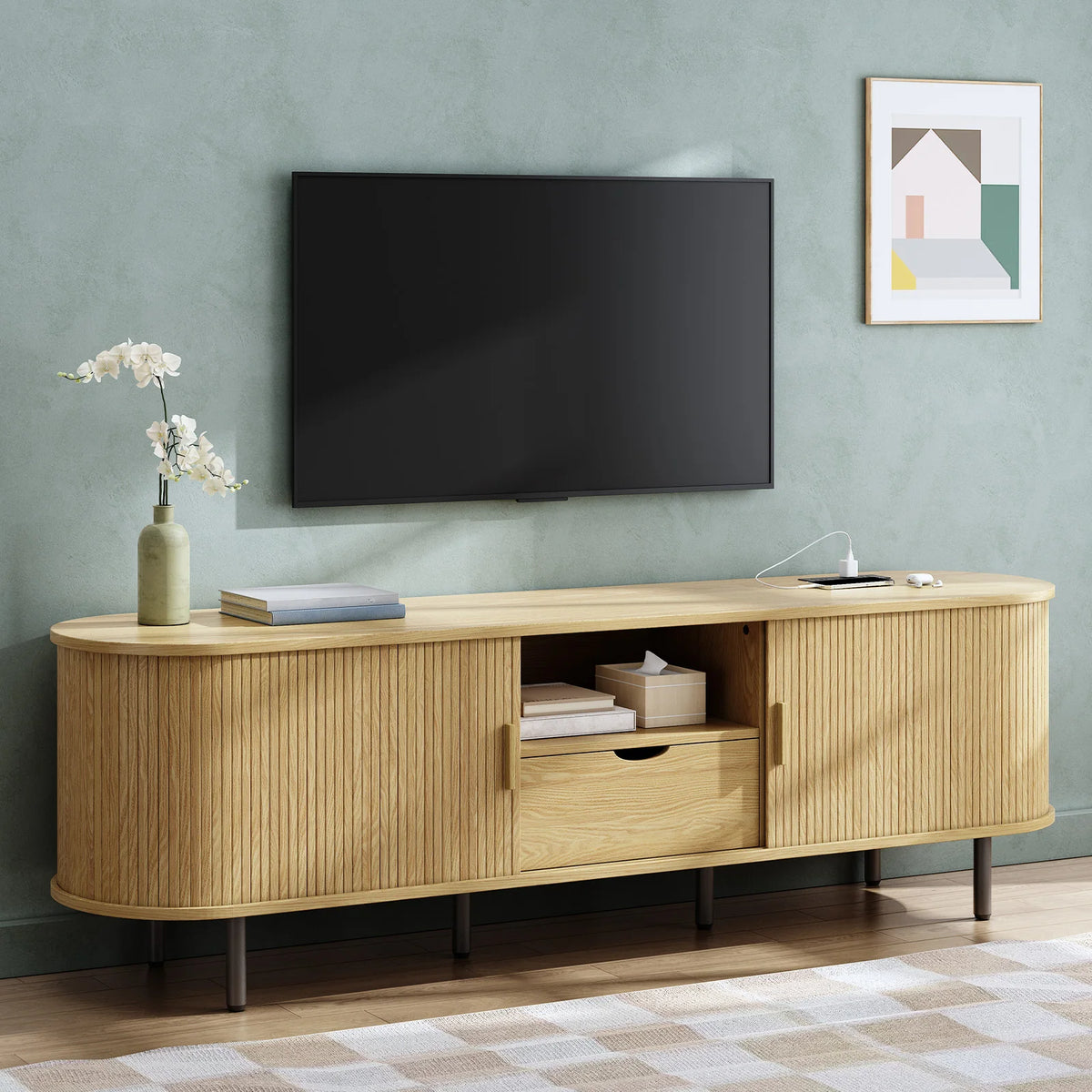 Onbrill TV Stand With Power Outlet And Adjustable Shelf