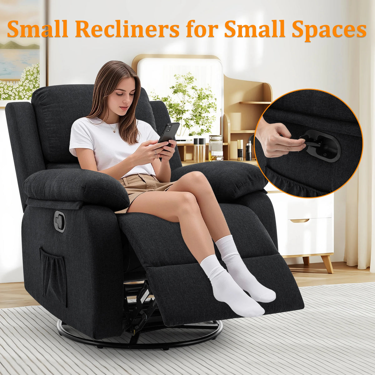 Korser Modern 360 Swivel Rocker Chair Upholstered Fabric Recliner
