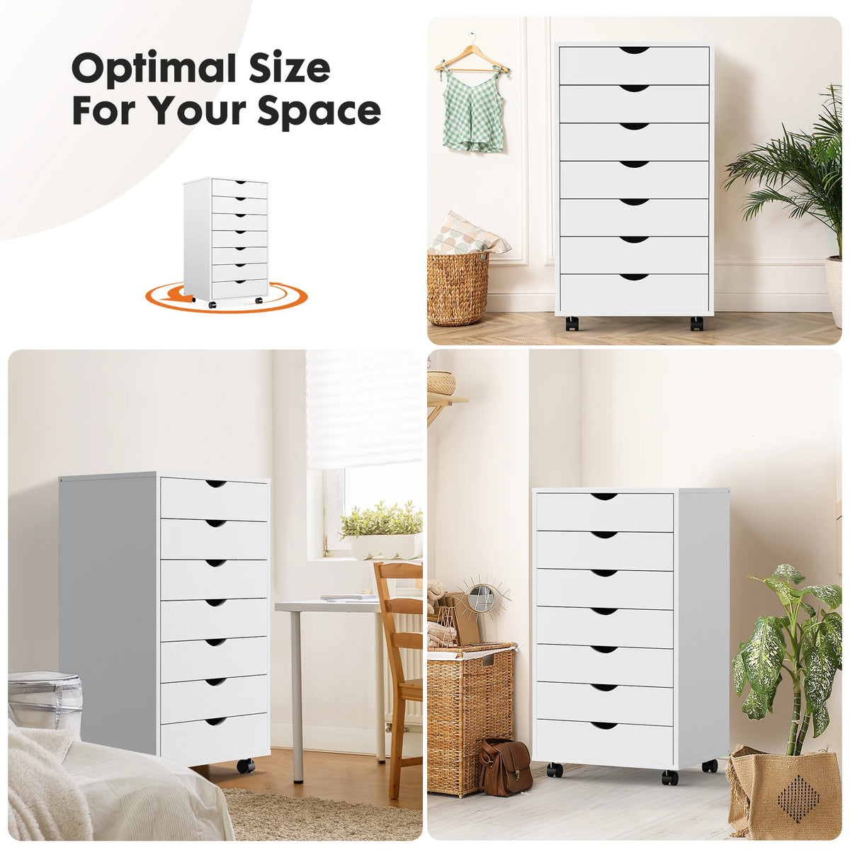 JHK 7 Drawer Wooden Rolling Storage Cabinet With Wheels