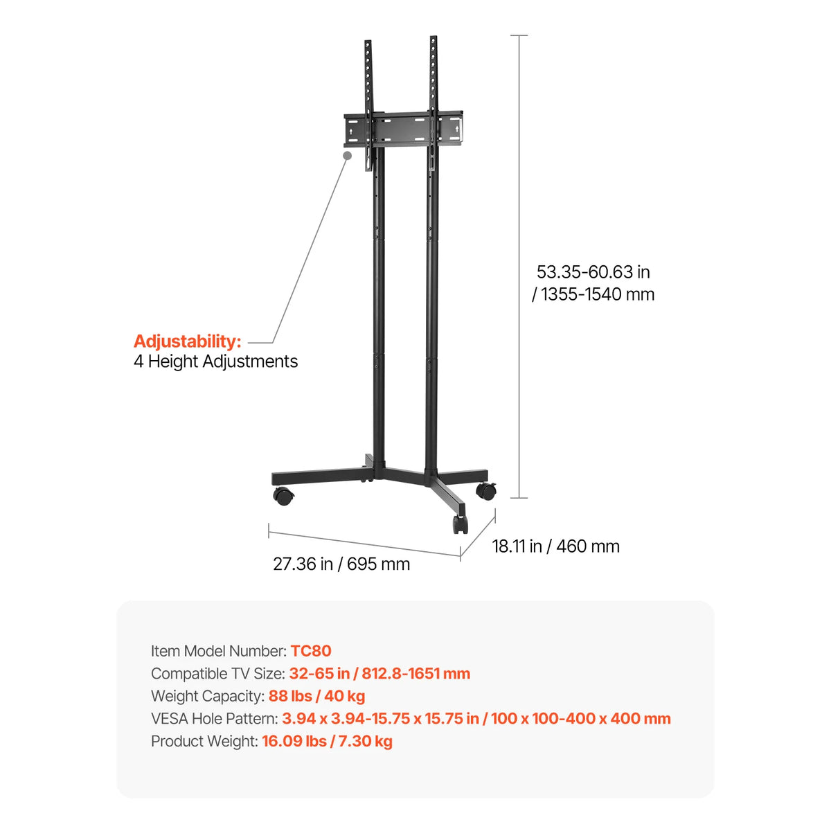 SucceBuy Portable Rolling TV Stand With Smooth Wheels