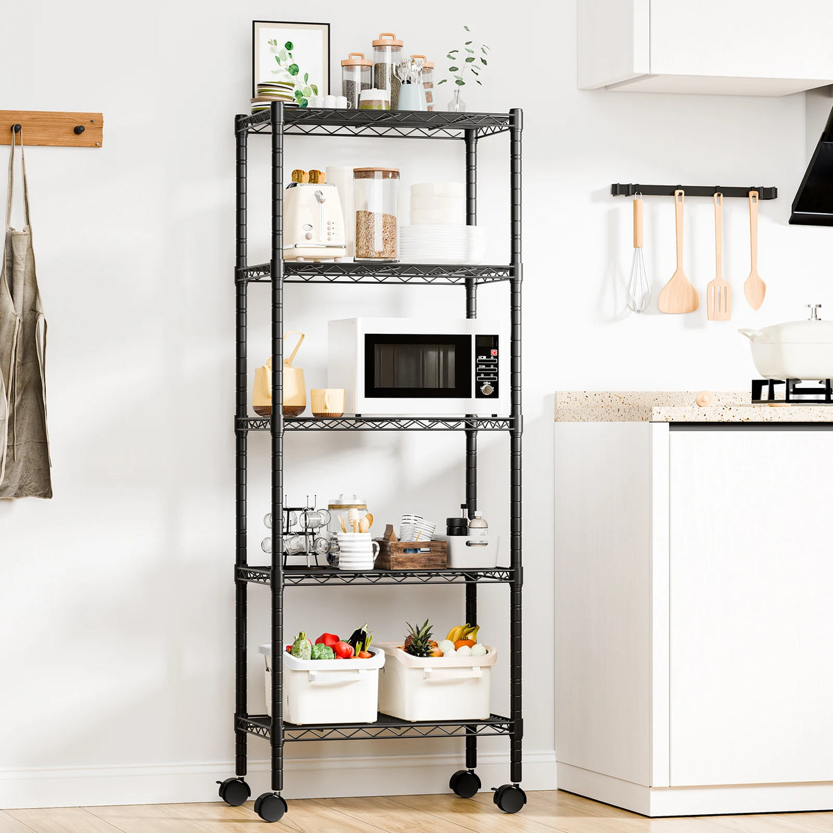 JHK Heavy Duty Metal Grid Bookshelf With Lockable Wheels Rack