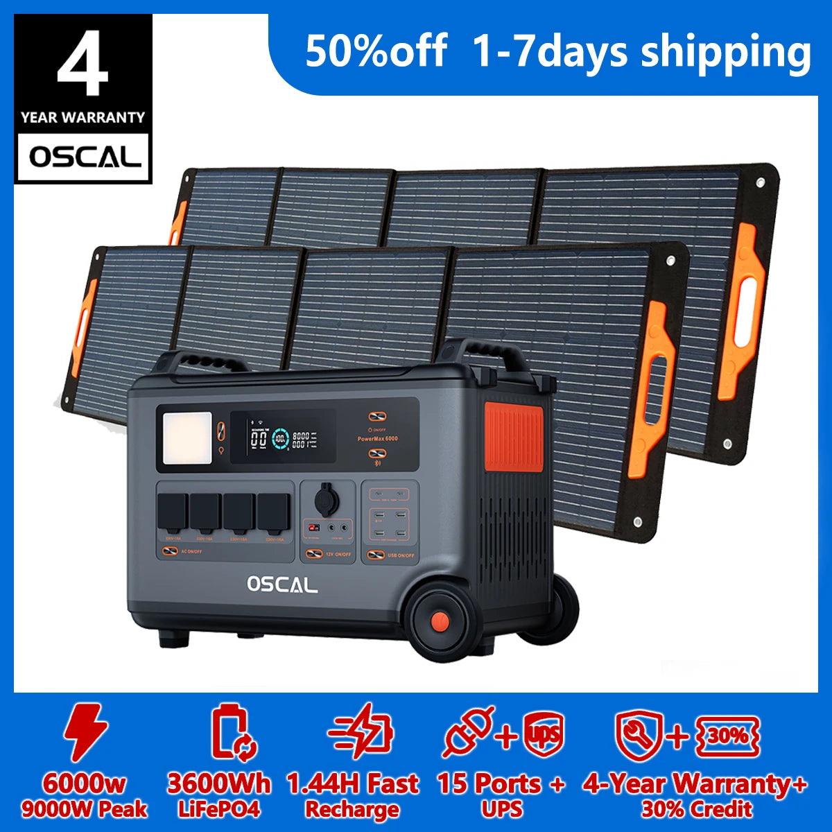 OSCAL PowerMax 6000 Portable Solar Generator With 3600Wh LiFePO4 Battery