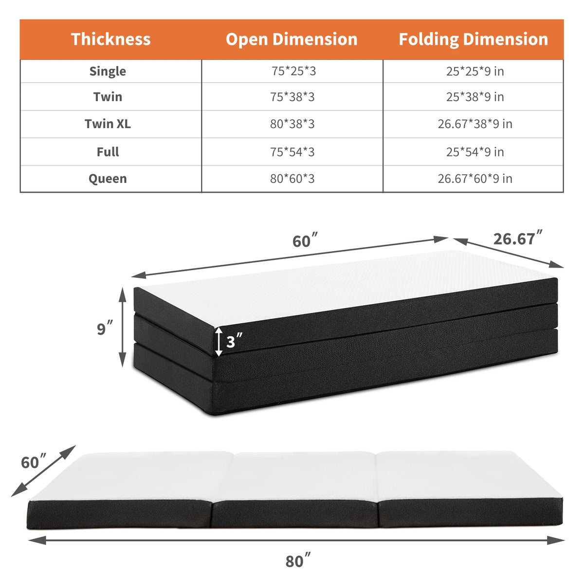 JHK Tri Fold Memory Foam Mattress With Portable Washable Cover