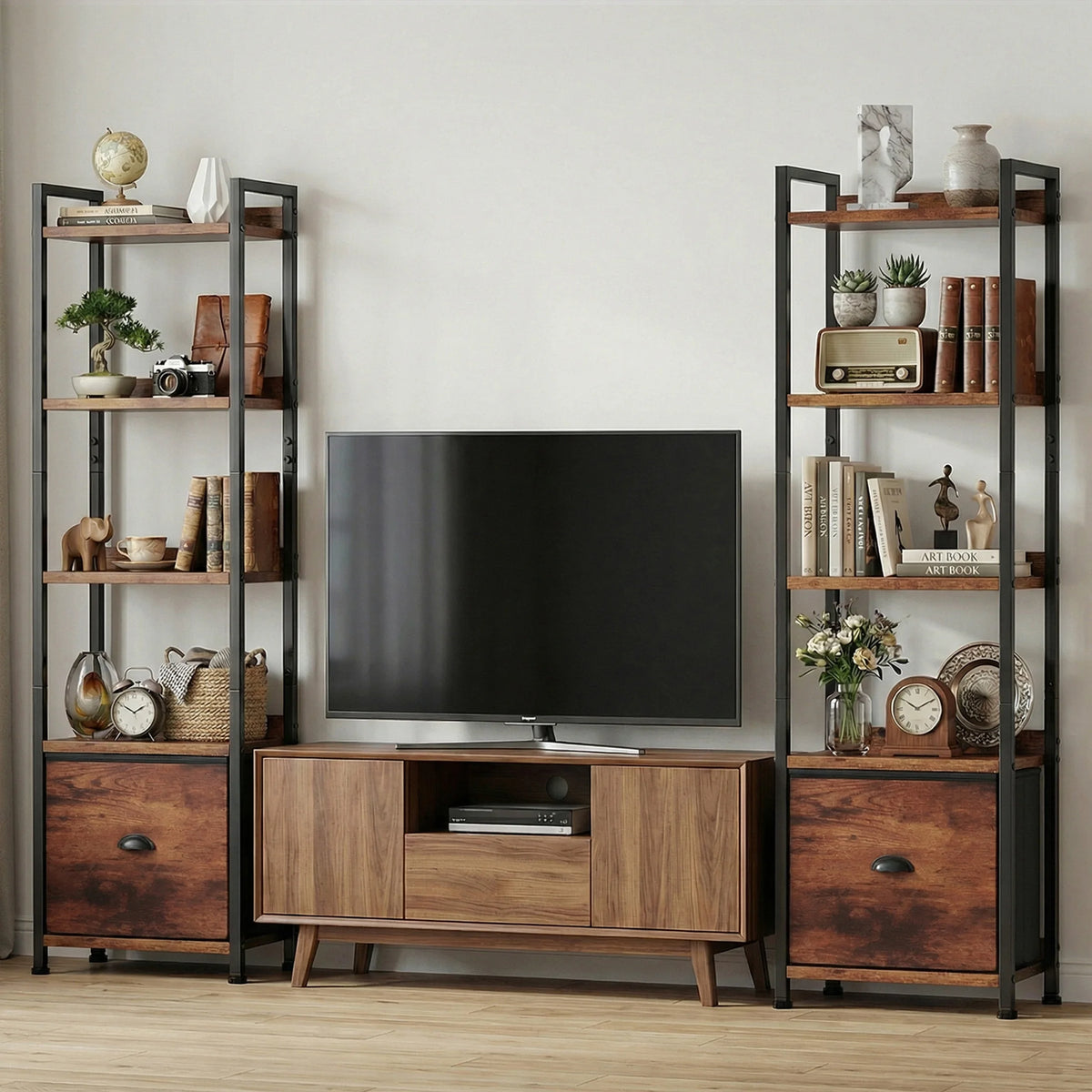 Industrial Metal Bookshelf With Fabric Drawer For Home Storage