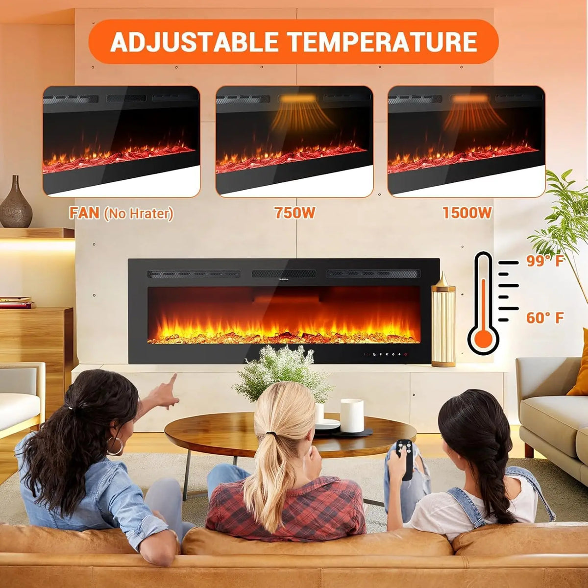 Adoolla Electric Fireplace Wall Mounted And Recessed Remote Control