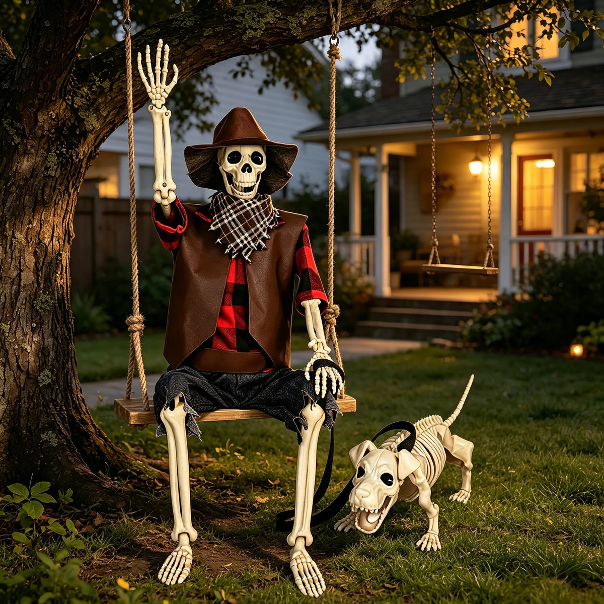 Posable Cowboy Skeleton With Dog Halloween Outdoor Decorations