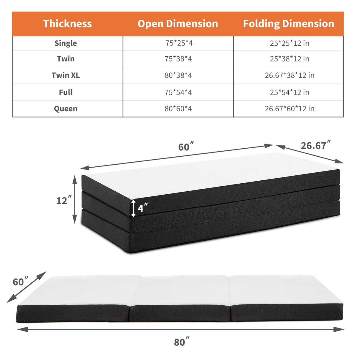 JHK Tri Fold Memory Foam Mattress With Portable Washable Cover