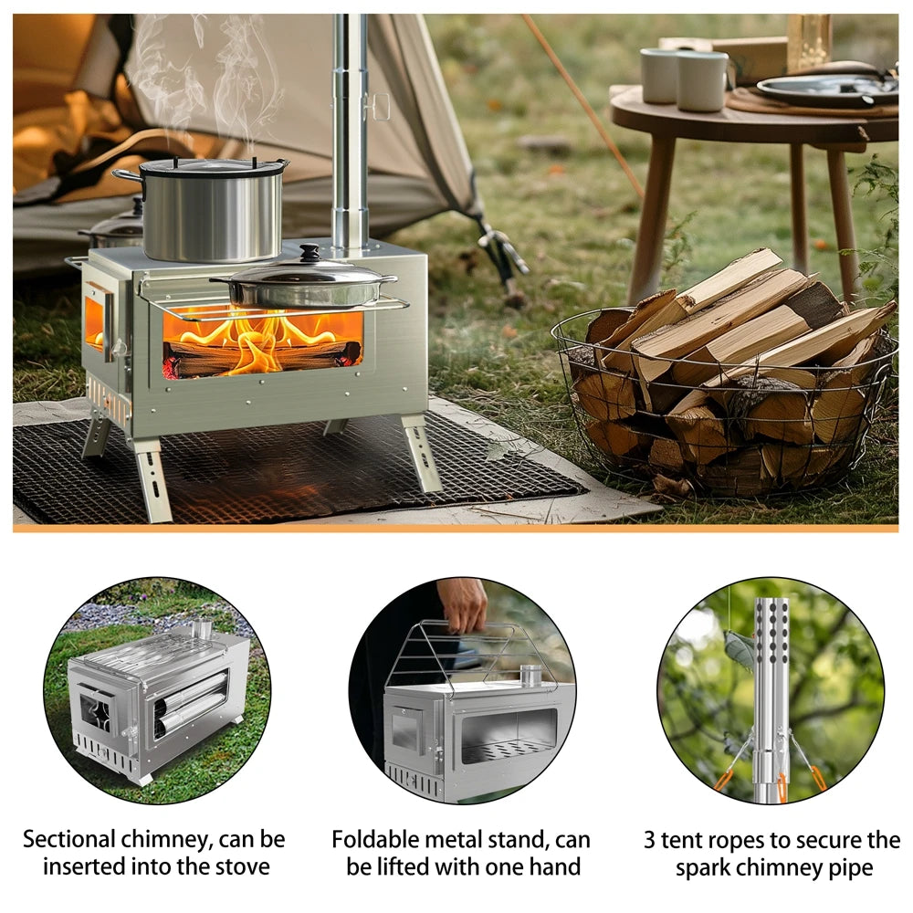Portable Stainless Steel Wood Burning Camping Stove With Chimney Pipes