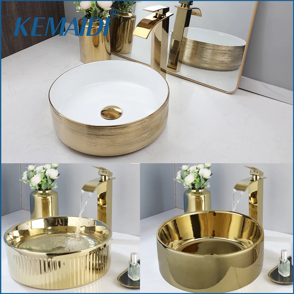 KEMAIDI Ceramic Vessel Sink With Faucet Bathroom Counter Basins