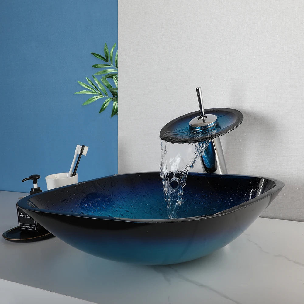 Mekkhalara Tempered Glass Bathroom Vessel Sink With Drain