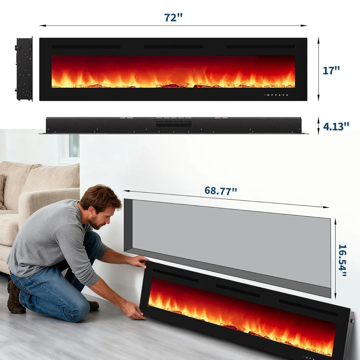 Adoolla Electric Fireplace Wall Mounted And Recessed Remote Control