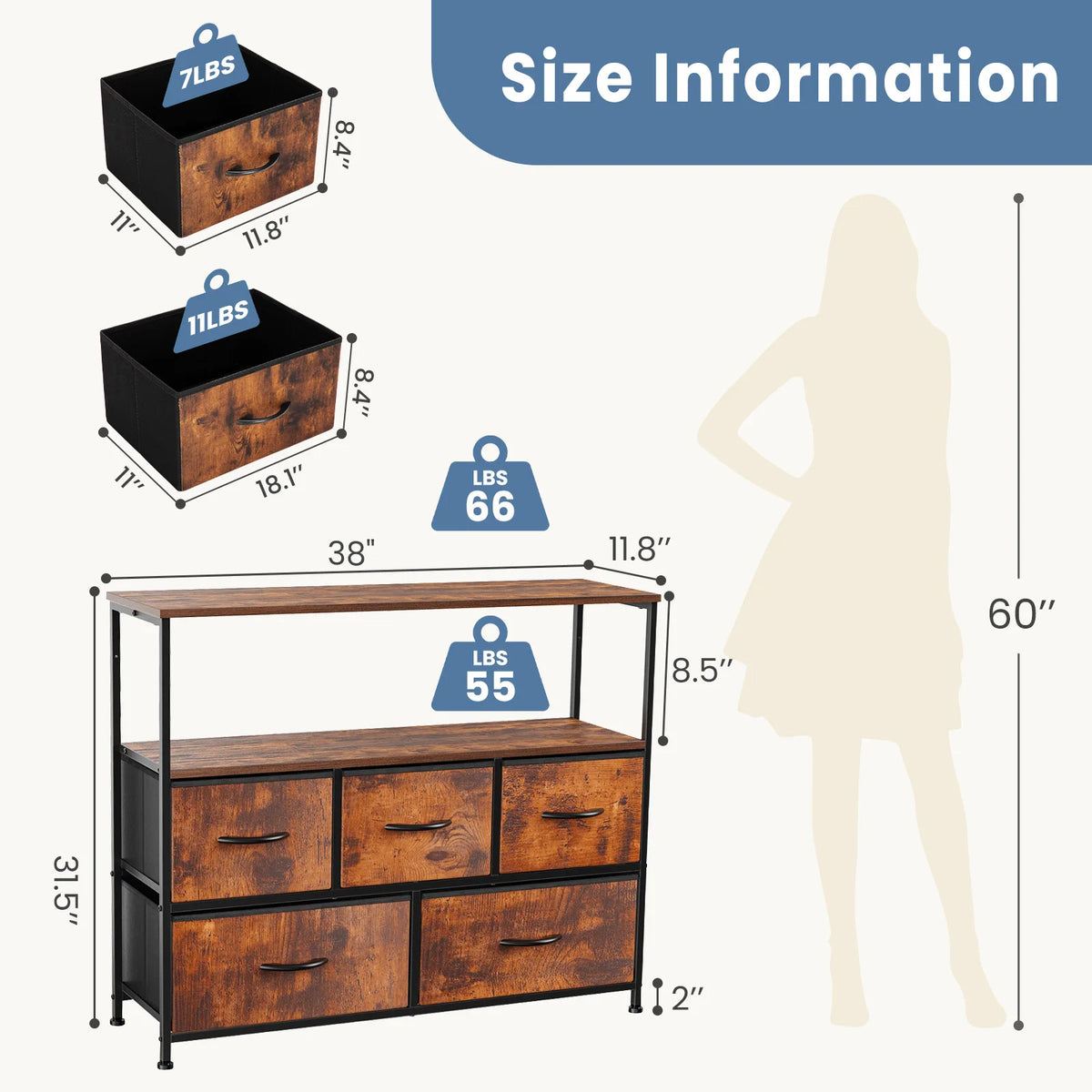 JHK TV Stand Dresser 5 Fabric Drawers Metal Storage Cabinet