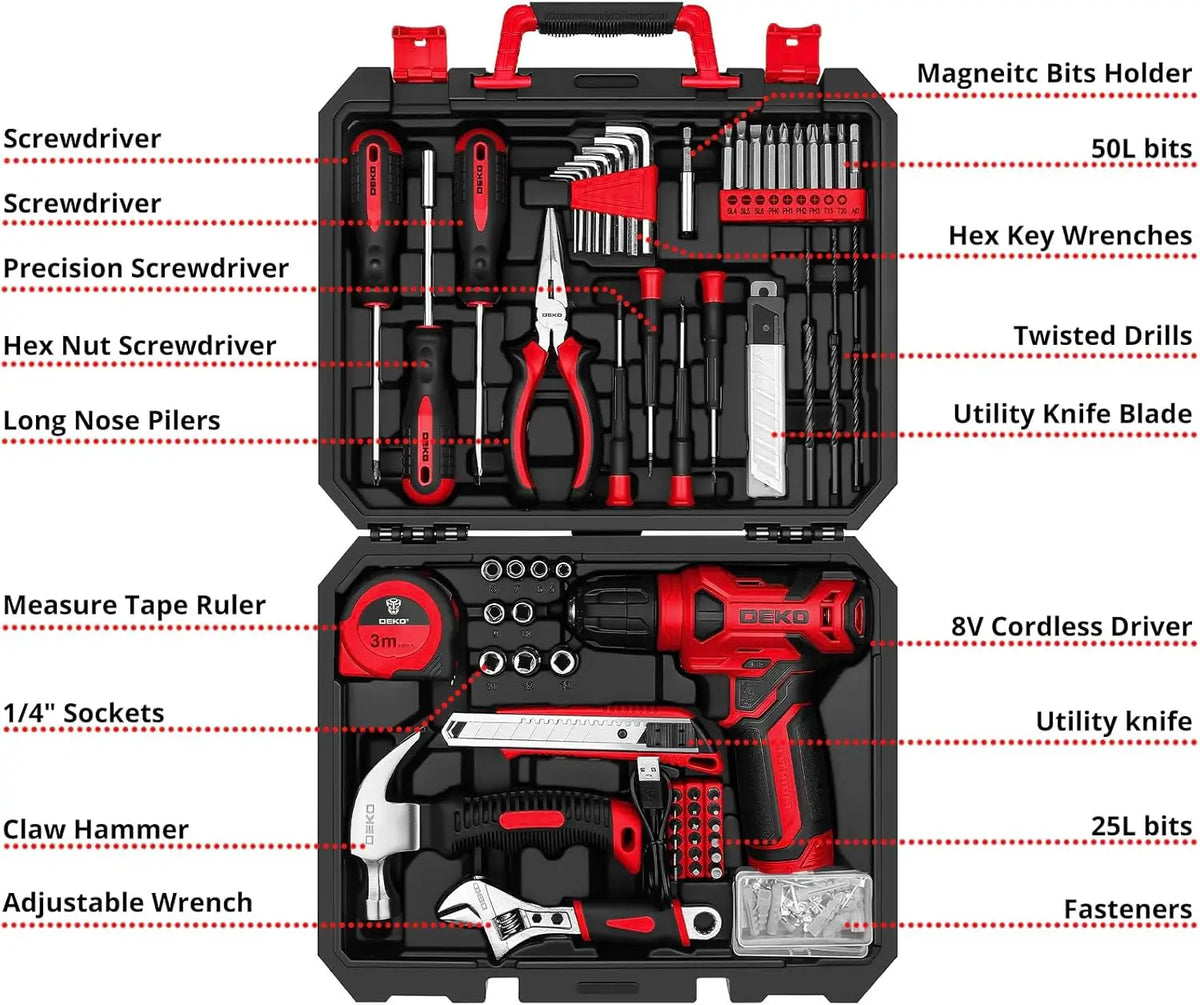 DEKO 126 Piece Cordless Drill With Complete Home Tool Kit