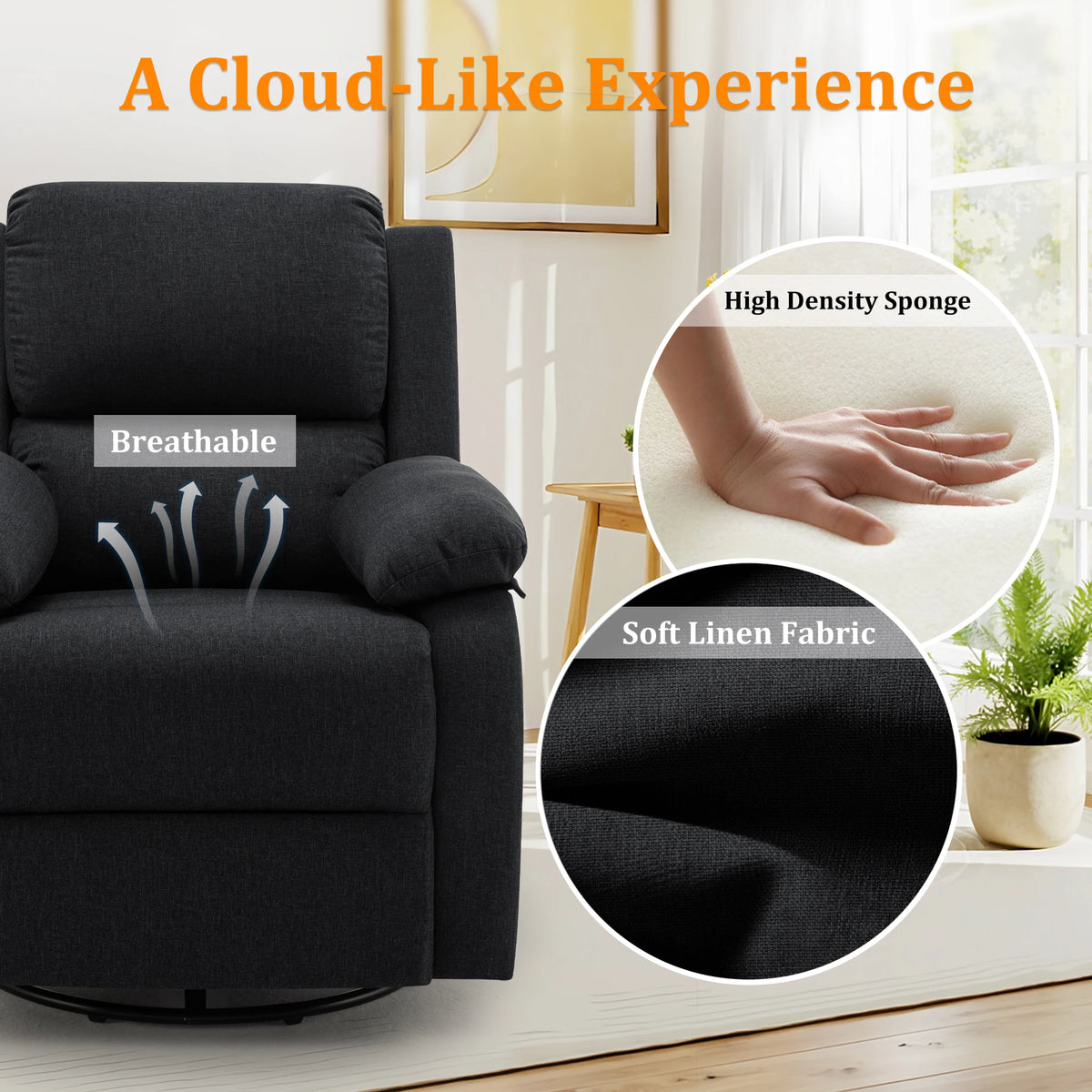 Korser Modern 360 Swivel Rocker Chair Upholstered Fabric Recliner