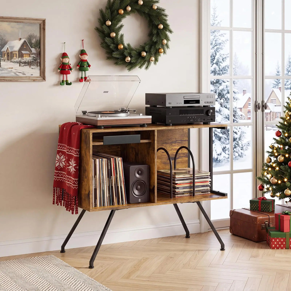 HiMISS Wooden Flip Top Record Player Stand Vinyl Storage Cabinet