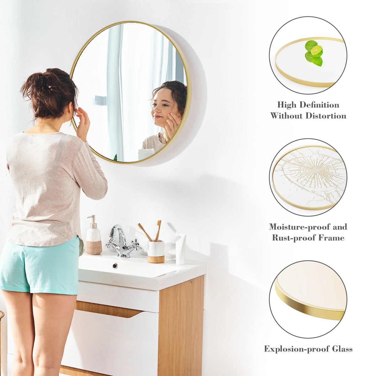 JHK Modern Round Vanity Mirror with Tempered Metal Frame