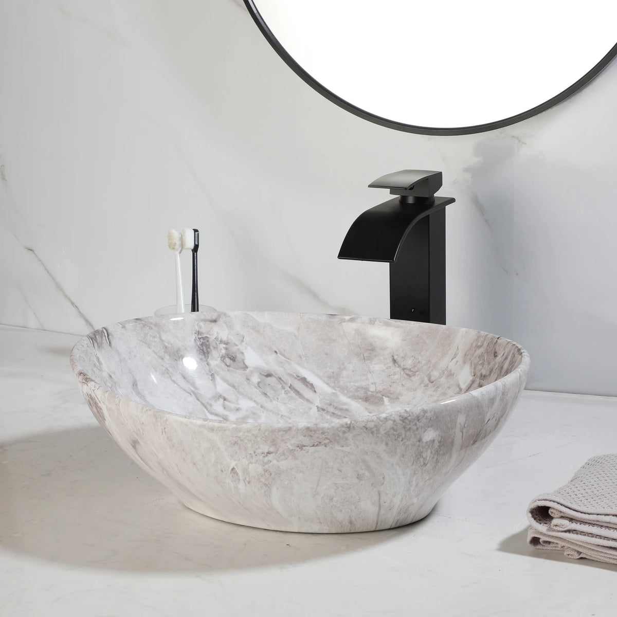 Mekkhalo Oval Vessel Sink With Waterfall Faucet Above Counter Ceramic