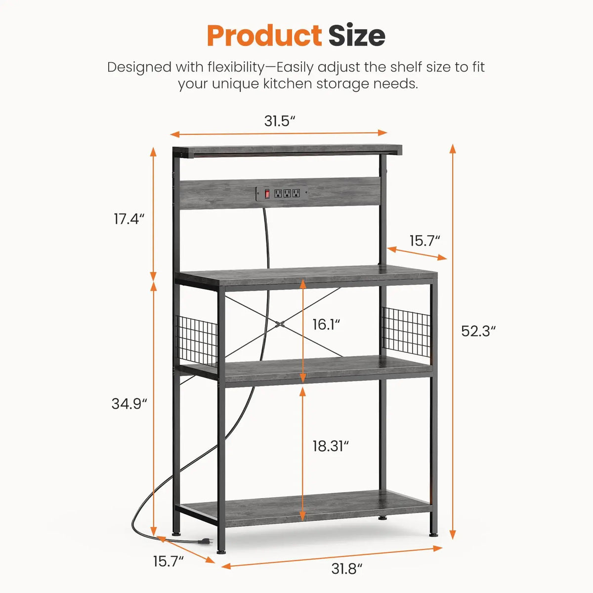 JHK Modern Kitchen Bakers Rack With Power Outlet Shelf