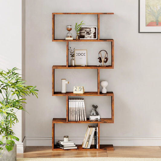JHK Five Tier Geometric Wooden Bookcase Free Standing Display Shelf
