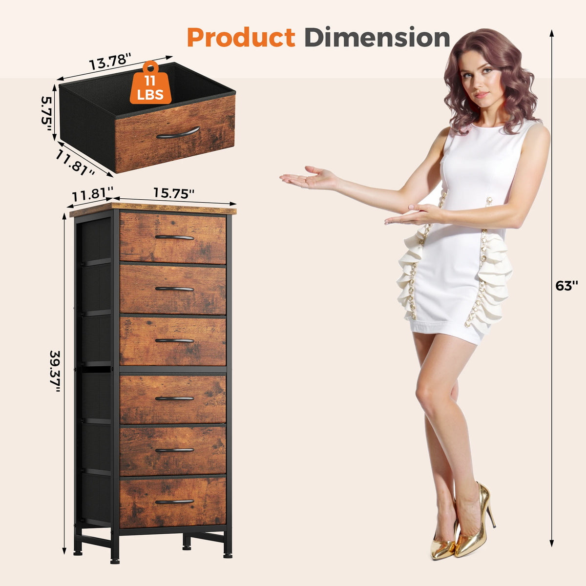 JHK 6 Fabric Drawer Dresser Wood Top Metal Frame Tower