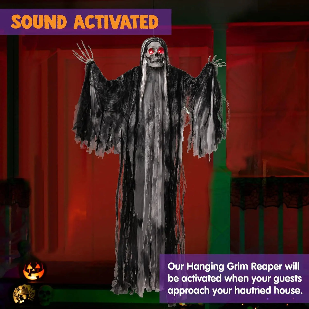 Joyfy Animated Hanging Grim Reaper With Glowing Eyes And Sound