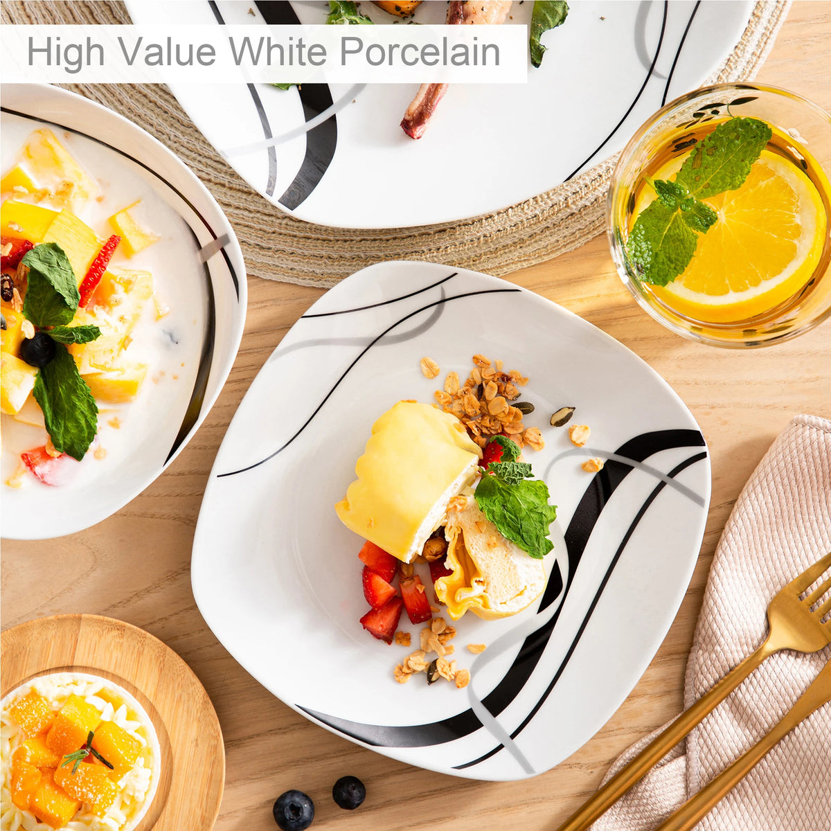 Malacasa Fiona Ceramic Dinnerware Plate Set With Strip Pattern Design