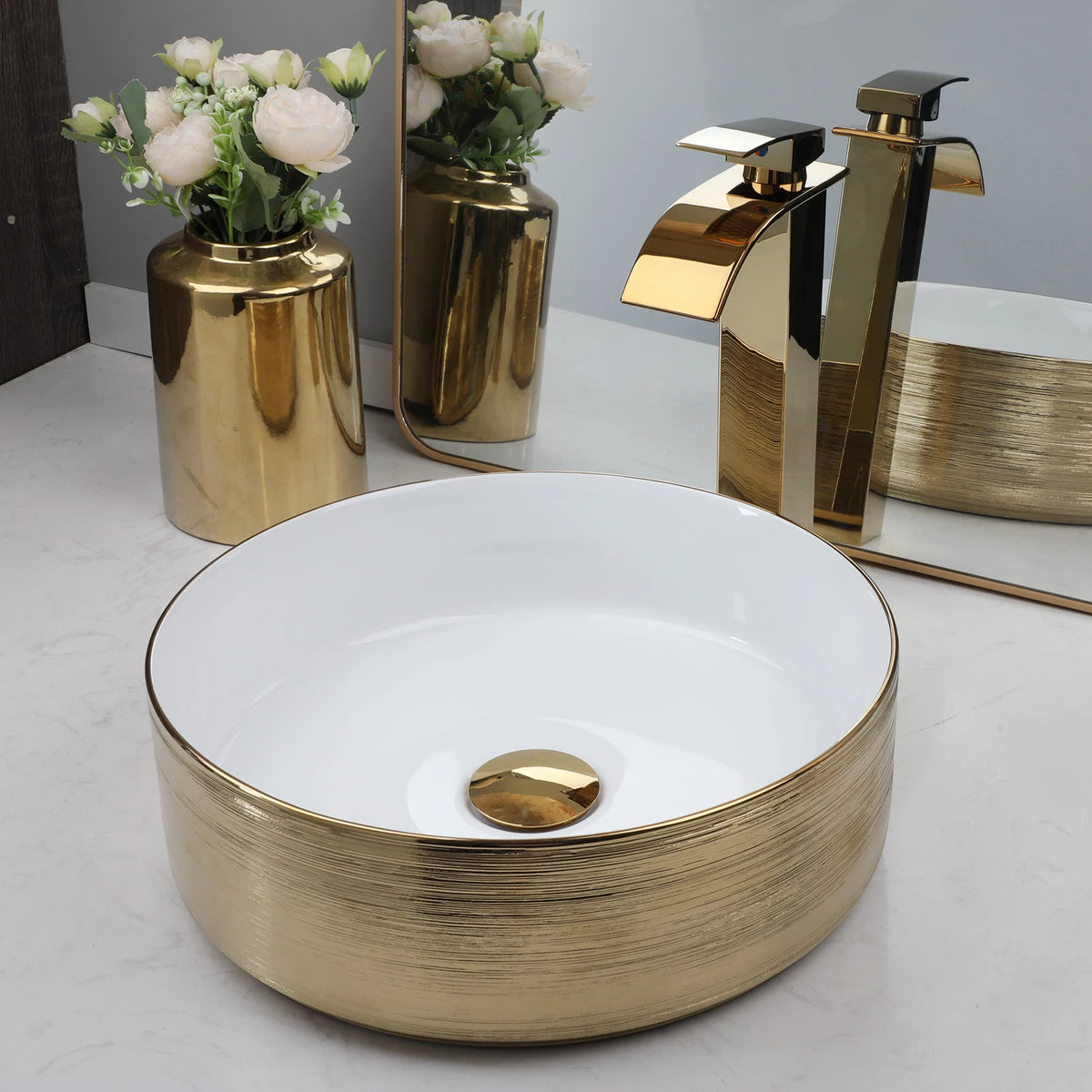 KEMAIDI Ceramic Vessel Sink With Faucet Bathroom Counter Basins