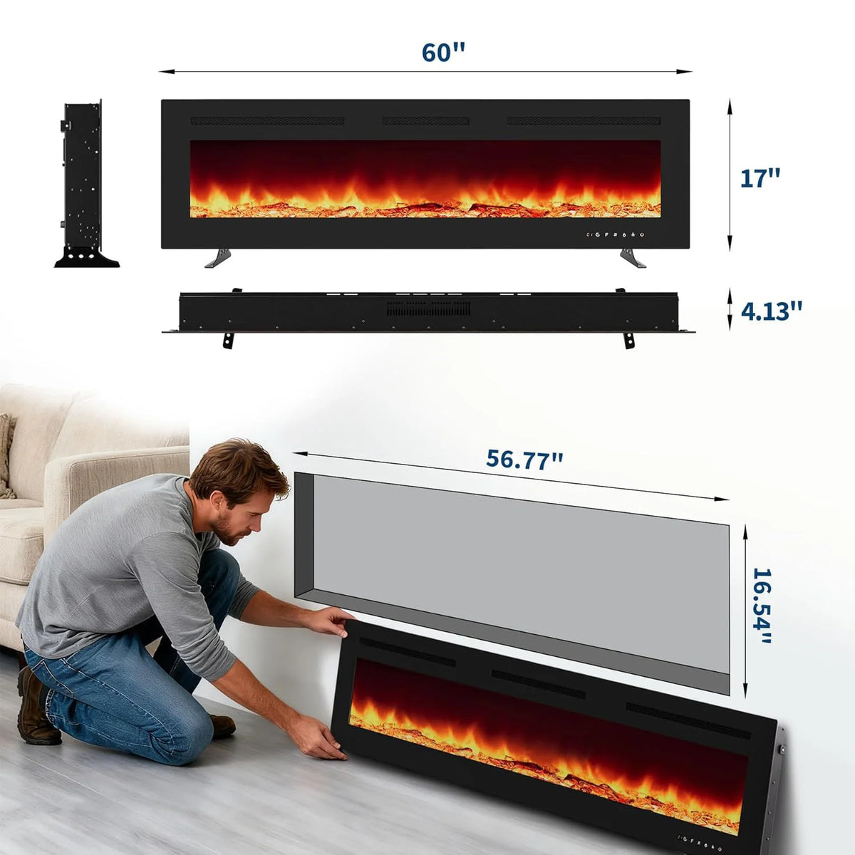 Adoolla Electric Fireplace Wall Mounted And Recessed Remote Control
