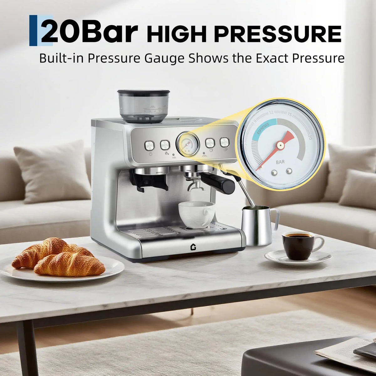 HiMISS Espresso Machine With Integrated Grinder And 20 Bar Pressure