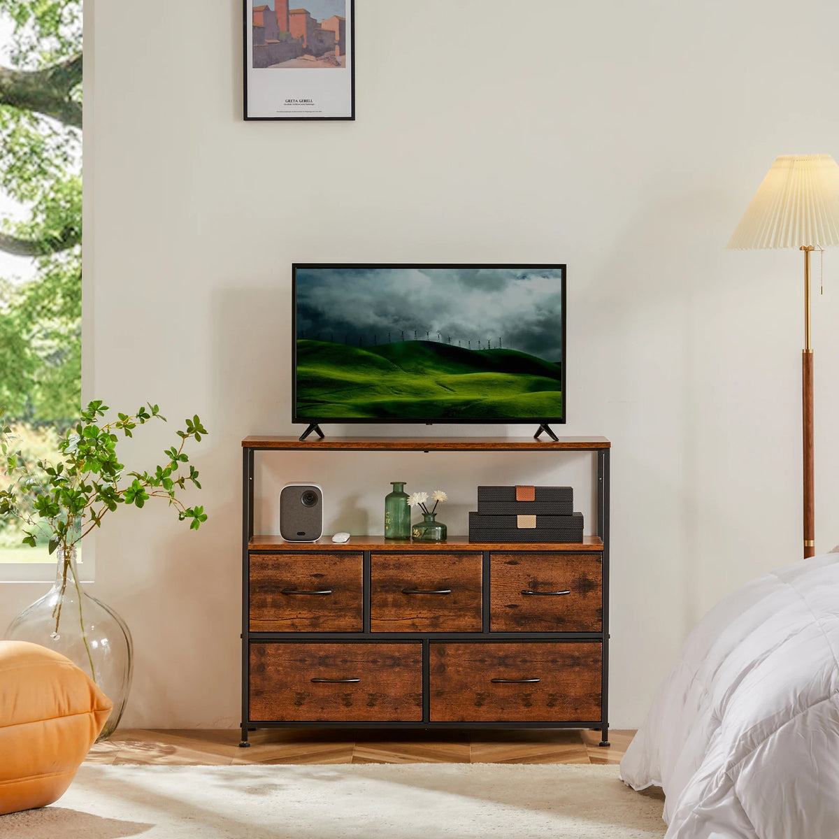 JHK TV Stand Dresser 5 Fabric Drawers Metal Storage Cabinet
