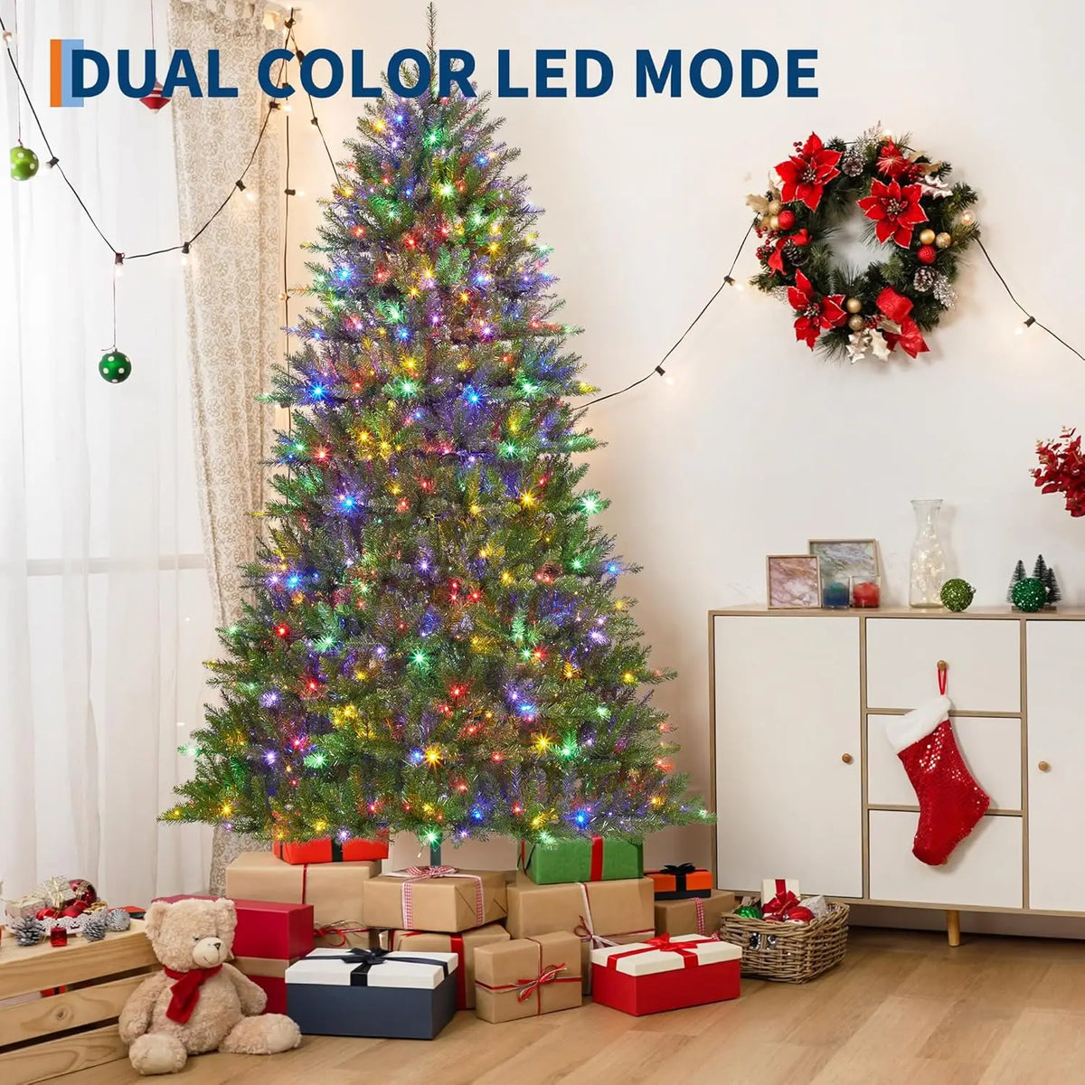 HiMISS Prelit Artificial Christmas Tree With Lights And Foldable Stand