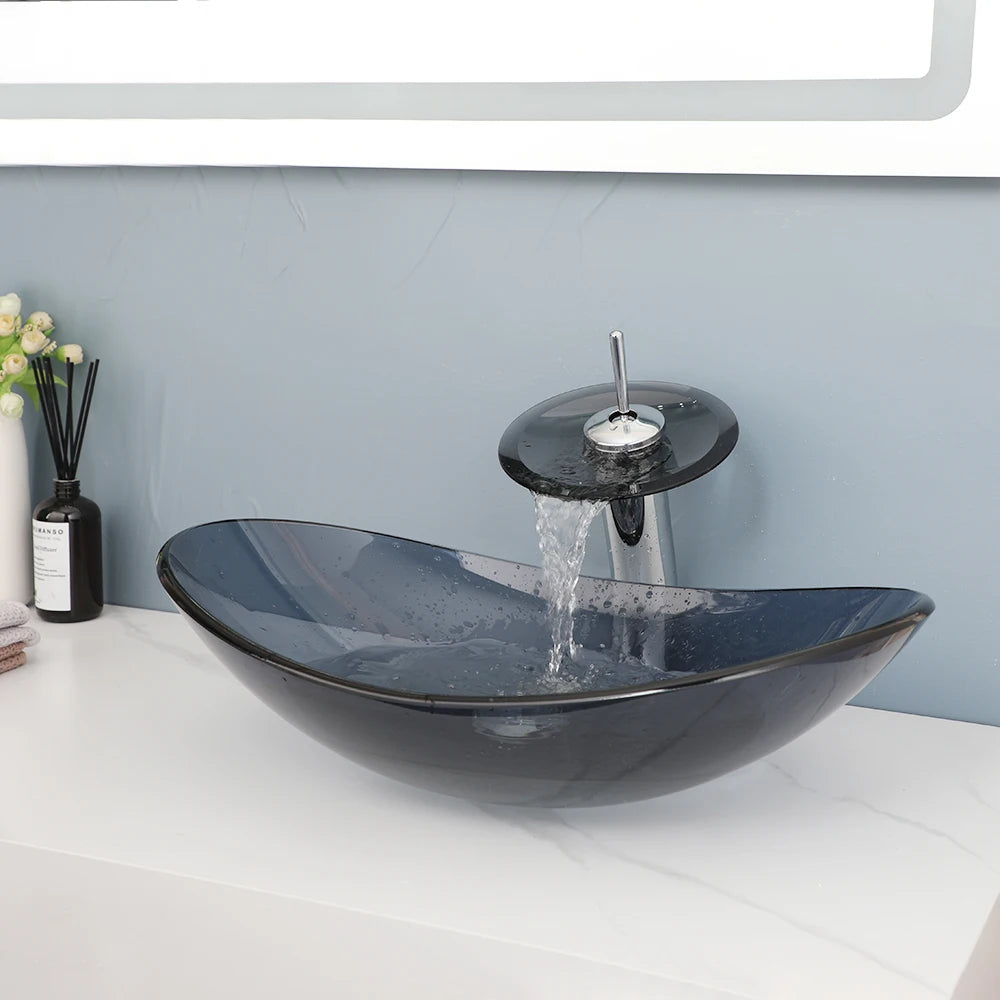 Mekkhala Tempered Glass Oval Vessel Sink For Above Counter