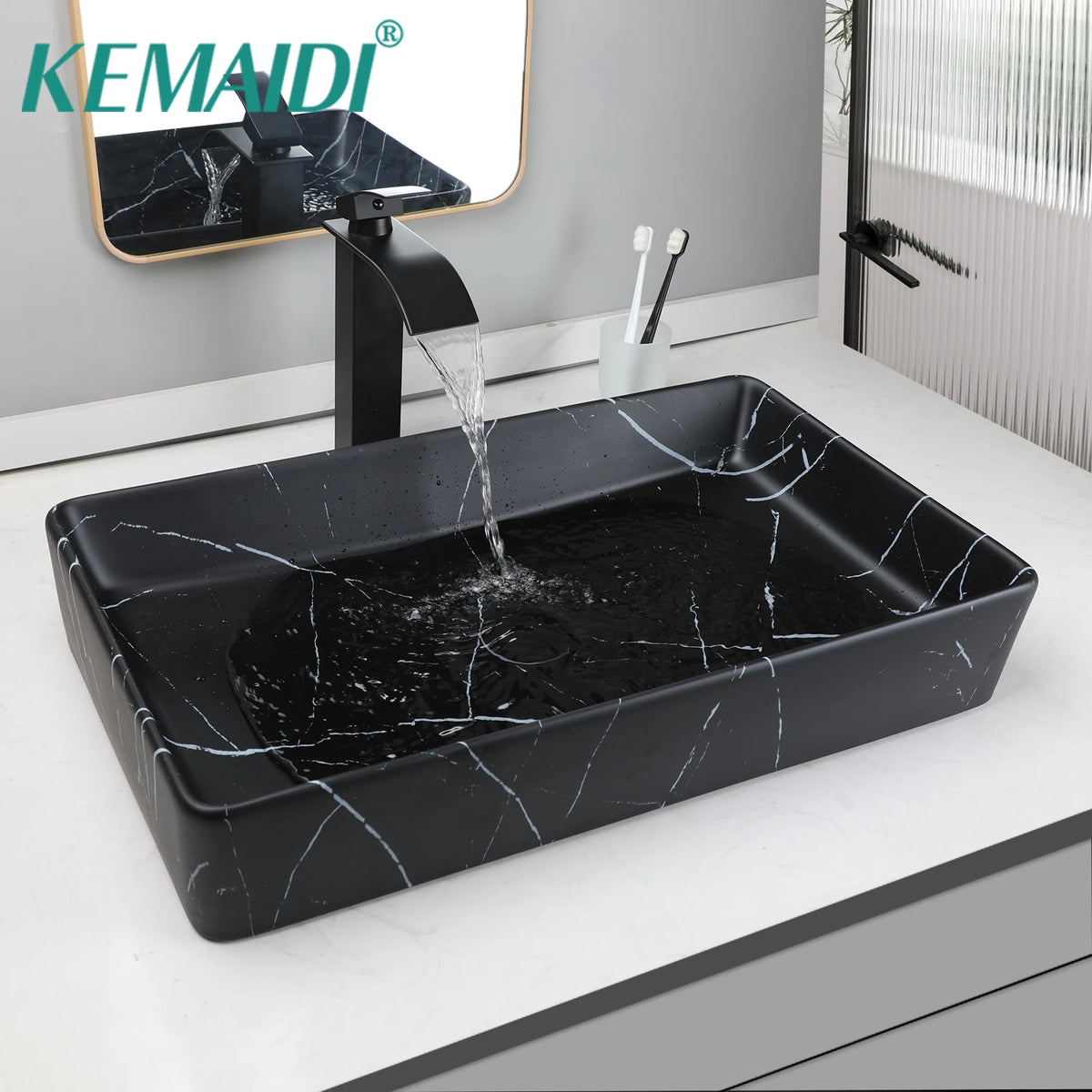 KEMAIDI Rectangular Ceramic Vessel Bathroom Sink Above Counter