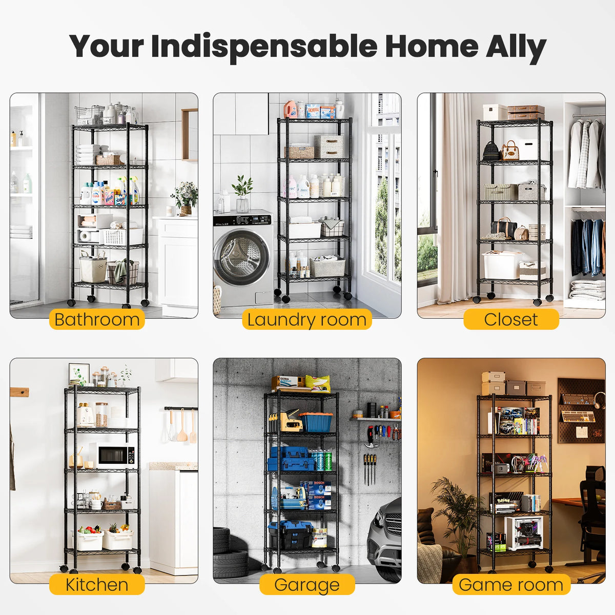 JHK Heavy Duty Metal Grid Bookshelf With Lockable Wheels Rack