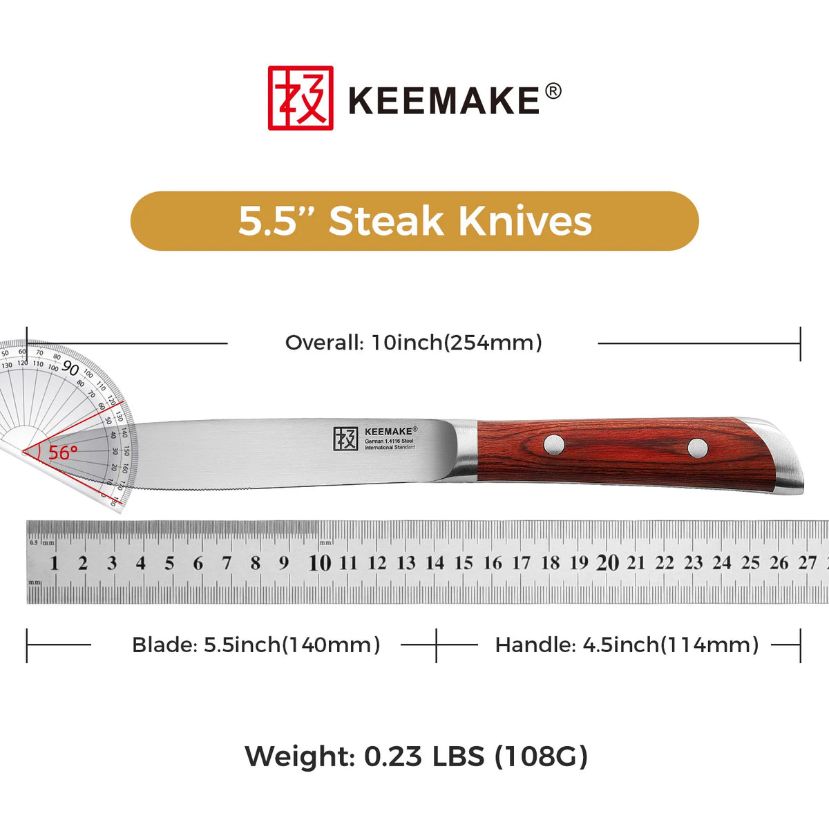 Keemake Four Piece Stainless Steel Steak Knife Set Wood Handle