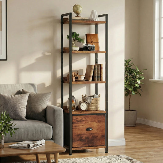 Industrial Metal Bookshelf With Fabric Drawer For Home Storage
