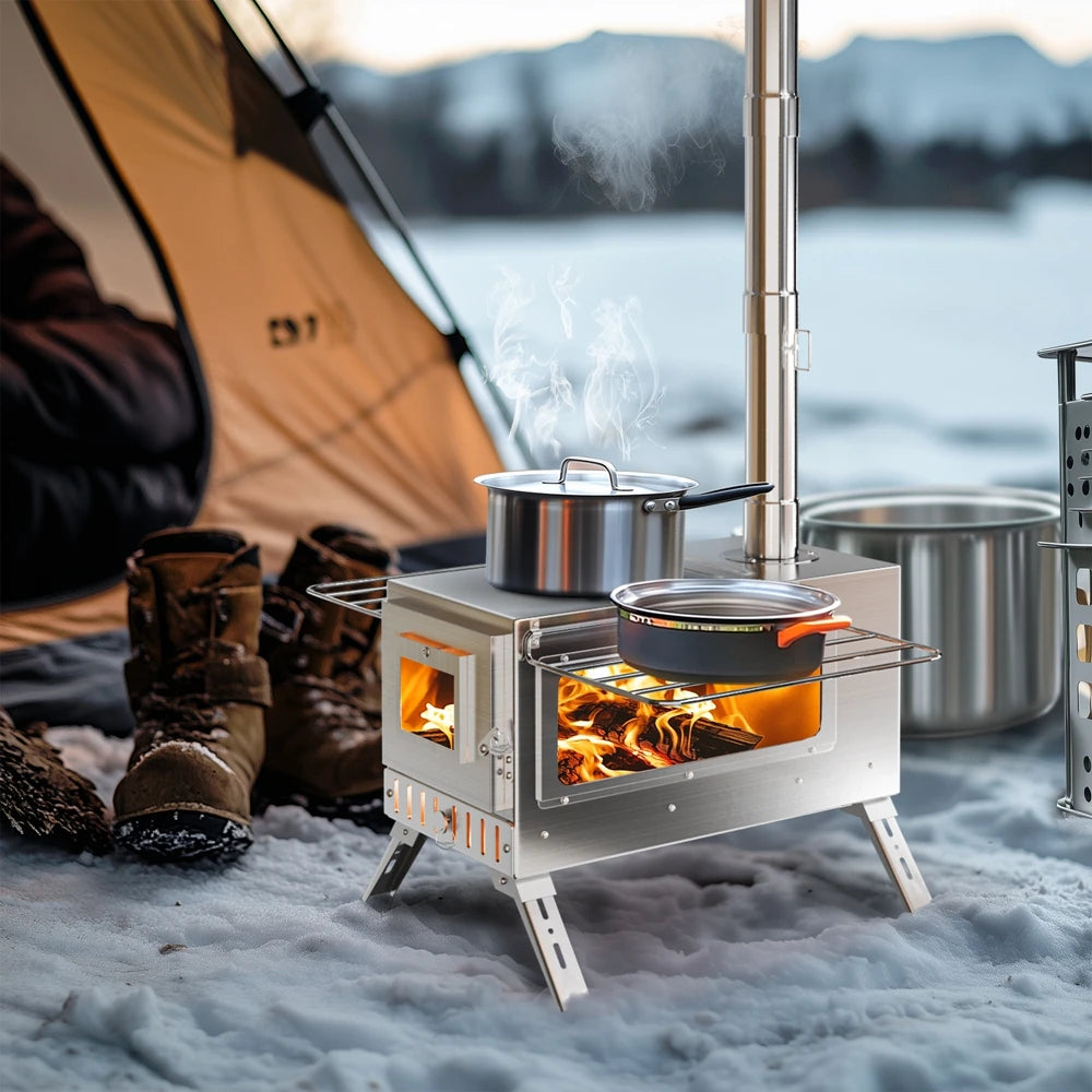 Portable Stainless Steel Wood Burning Camping Stove With Chimney Pipes