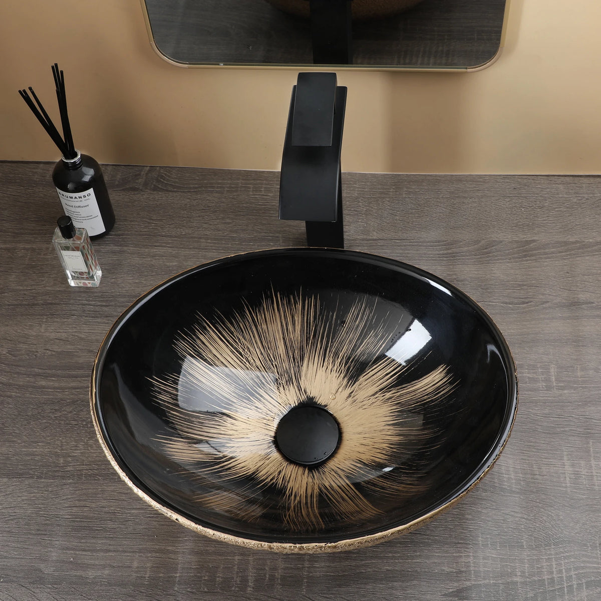 Mekkhalo Oval Vessel Sink With Waterfall Faucet Above Counter Ceramic